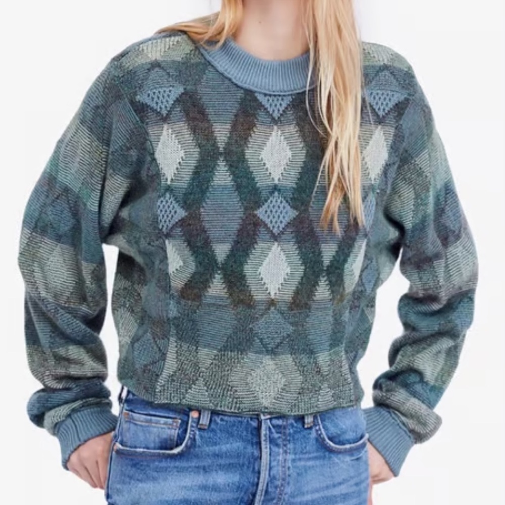 Womens Green Geometric Knit Sweater